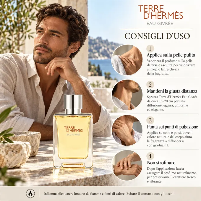 Guida illustrata all'applicazione di Terre d&rsquo;Herm&egrave;s Eau Givr&eacute;e Eau de Parfum 100 ml sulla pelle