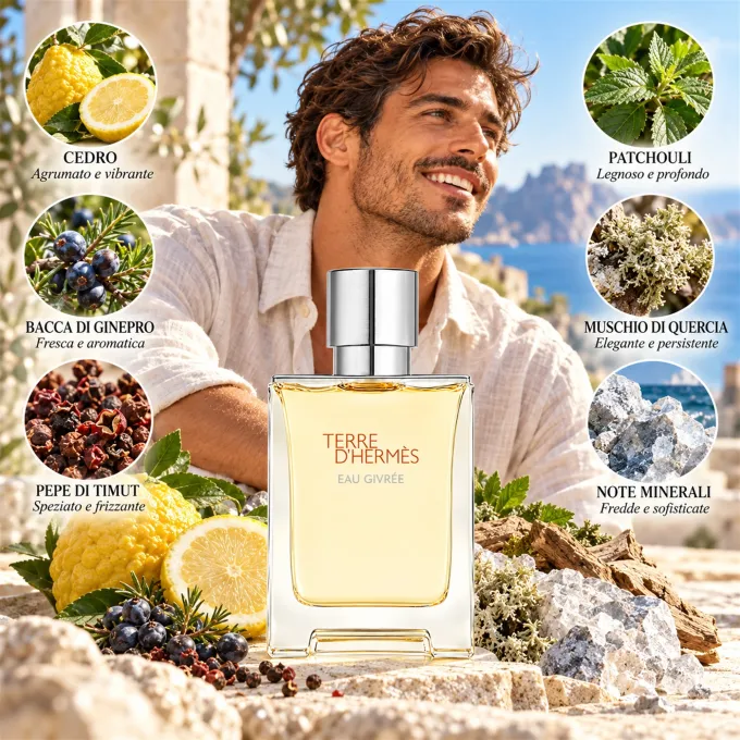 Illustrazione delle note di cedro agrumato, bacche di ginepro e pepe di Timut di Terre d&rsquo;Herm&egrave;s Eau Givr&eacute;e