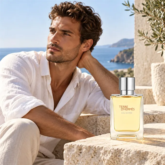 Herm&egrave;s Terre d&rsquo;Herm&egrave;s Eau Givr&eacute;e 100 ml in una suggestiva rappresentazione della freschezza minerale