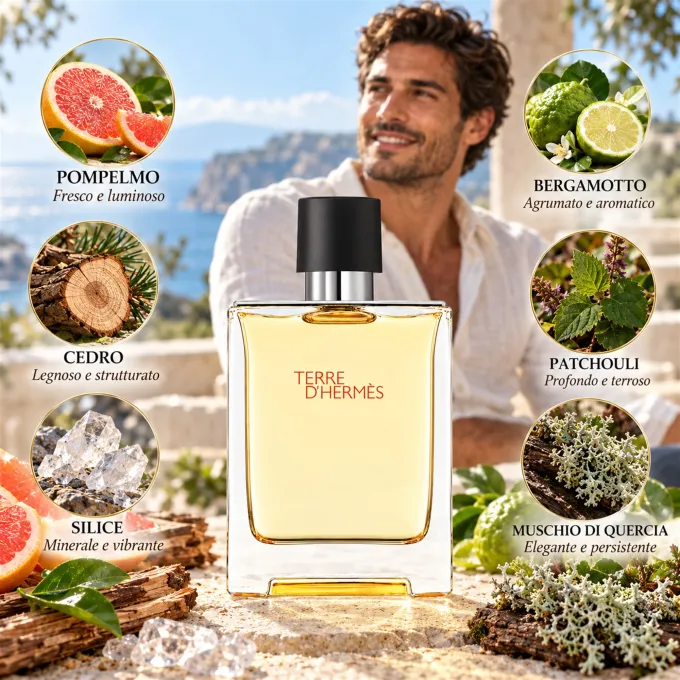 Rappresentazione illustrata degli ingredienti e delle note olfattive di Terre d&rsquo;Herm&egrave;s Eau de Toilette 100 ml