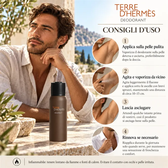 Consigli illustrati per applicare Herm&egrave;s Terre d&rsquo;Herm&egrave;s deodorante spray 150 ml direttamente sulla pelle