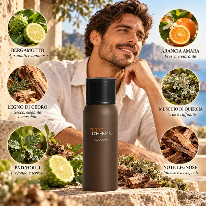 Illustrazione degli ingredienti del deodorante vaporizzatore Herm&egrave;s Terre d&rsquo;Herm&egrave;s Uomo 150 ml