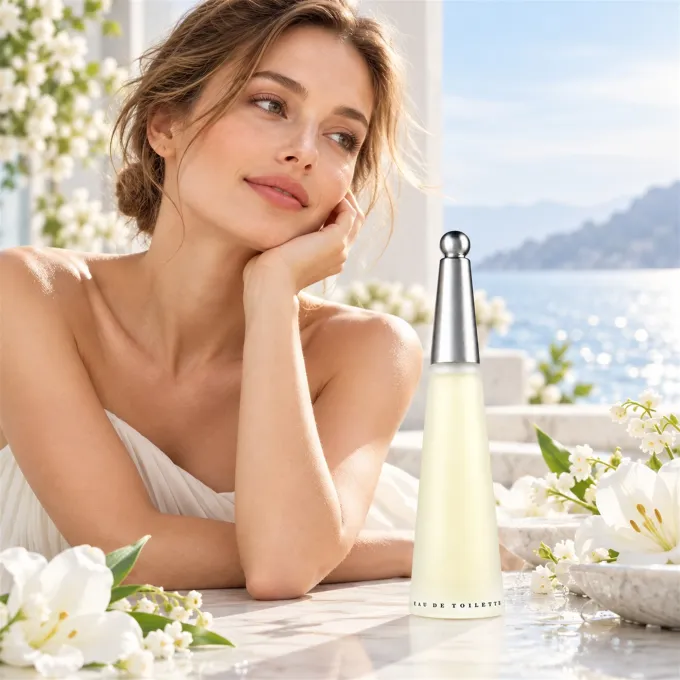 Issey Miyake L&rsquo;Eau d&rsquo;Issey profumo donna 50 ml in una composizione illustrativa dedicata alla fragranza