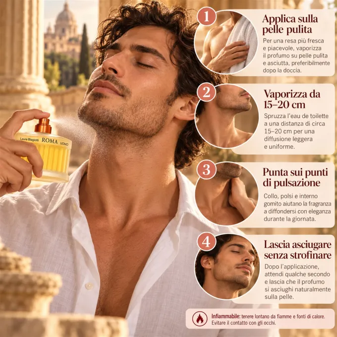 Consigli d&rsquo;uso per applicare il profumo Laura Biagiotti Roma Uomo Eau de Toilette 125 ml