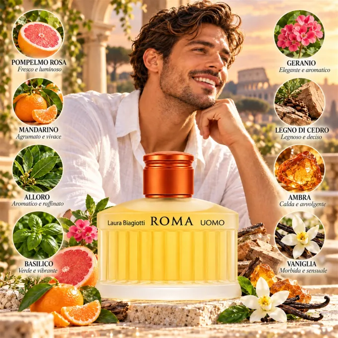 Composizione dedicata agli ingredienti di Laura Biagiotti Roma Uomo Eau de Toilette 200 ml