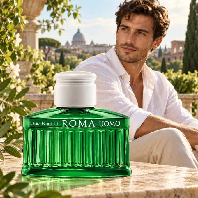 Laura Biagiotti Roma Uomo Green Swing Eau de Toilette 125 ml in una presentazione illustrata