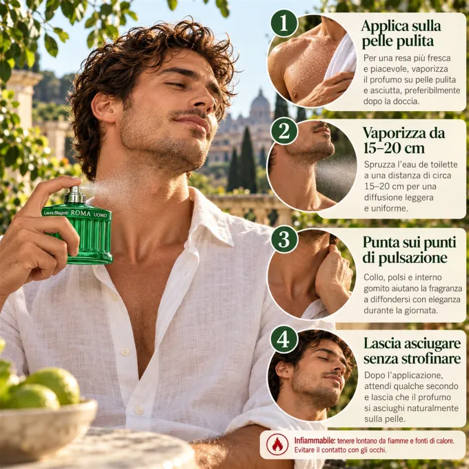Indicazioni per applicare Laura Biagiotti Roma Uomo Green Swing Eau de Toilette 125 ml