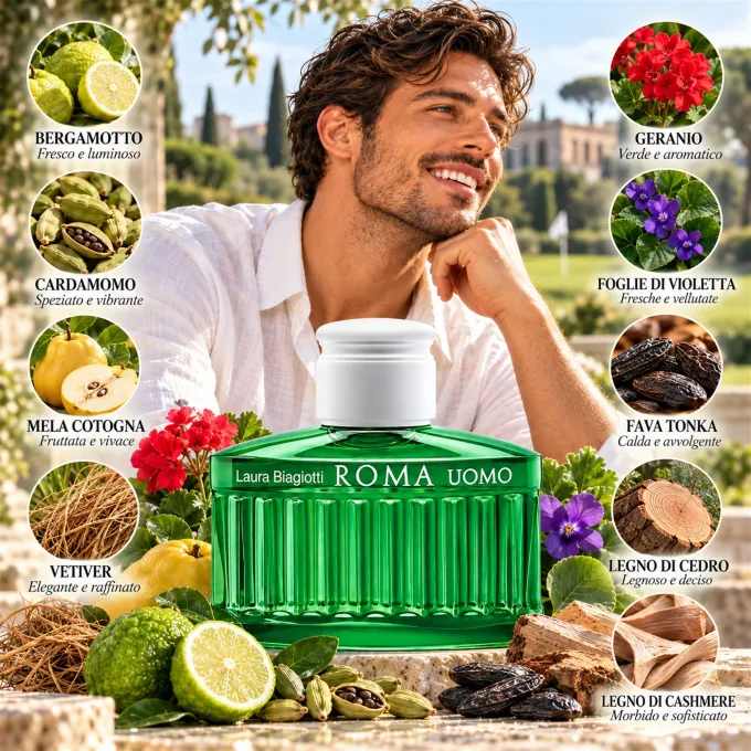 Rappresentazione degli ingredienti di Laura Biagiotti Roma Uomo Green Swing EDT 125 ml