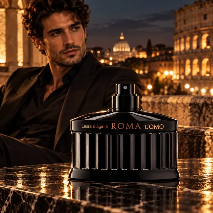 Composizione illustrata dedicata a Laura Biagiotti Roma Uomo Nero Estremo EDP Intense 125 ml