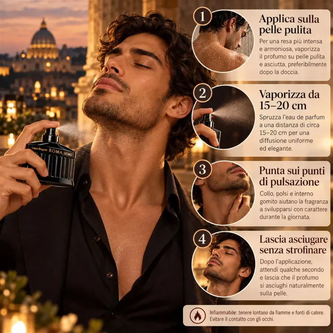 Guida all&rsquo;applicazione di Laura Biagiotti Roma Uomo Nero Estremo Eau de Parfum Intense 125 ml