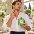 Uomo che applica Atkinsons English Lavender 320 ml sulla pelle del collo in una veranda luminosa