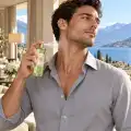 Uomo che spruzza Atkinsons English Lavender 75 ml sulla pelle del collo in una suite con vista sul lago