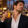 Uomo in abito blu che spruzza Azzaro Pour Homme 100 ml sul collo in un attico con vista sulla citt&agrave;