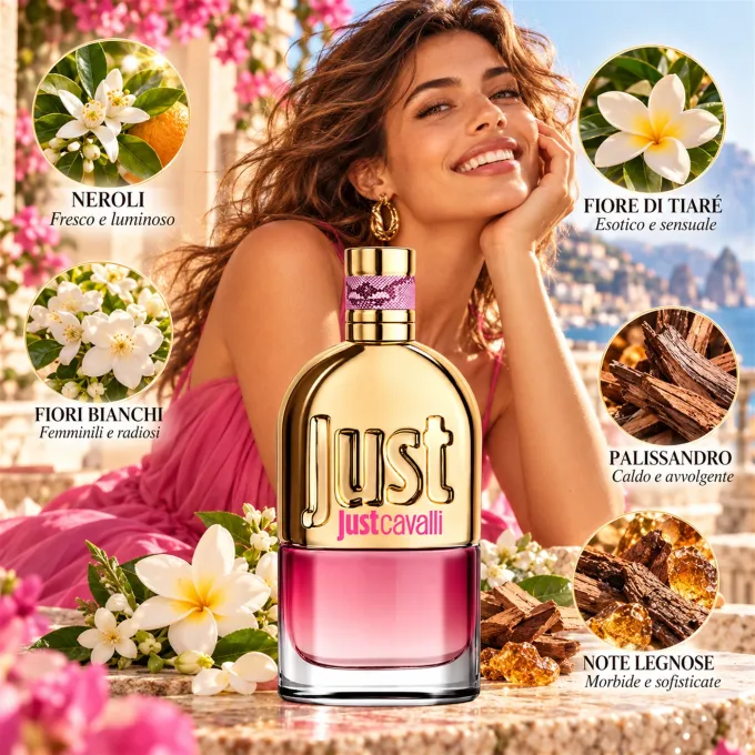 Rappresentazione artistica degli ingredienti olfattivi di Just Cavalli For Her Eau de Toilette 90 ml