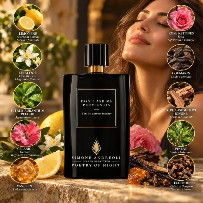 Ingredienti raffigurati nell&rsquo;immagine di Simone Andreoli Don&rsquo;t Ask Me Permission EDP Intense 100 ml