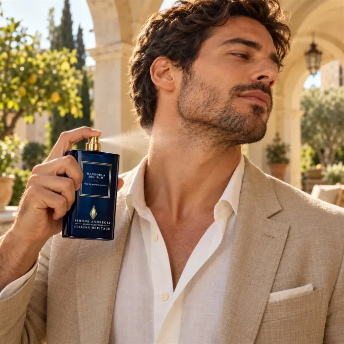 Uomo che applica Simone Andreoli Mandorla del Sud 100 ml sul collo, su una veranda mediterranea
