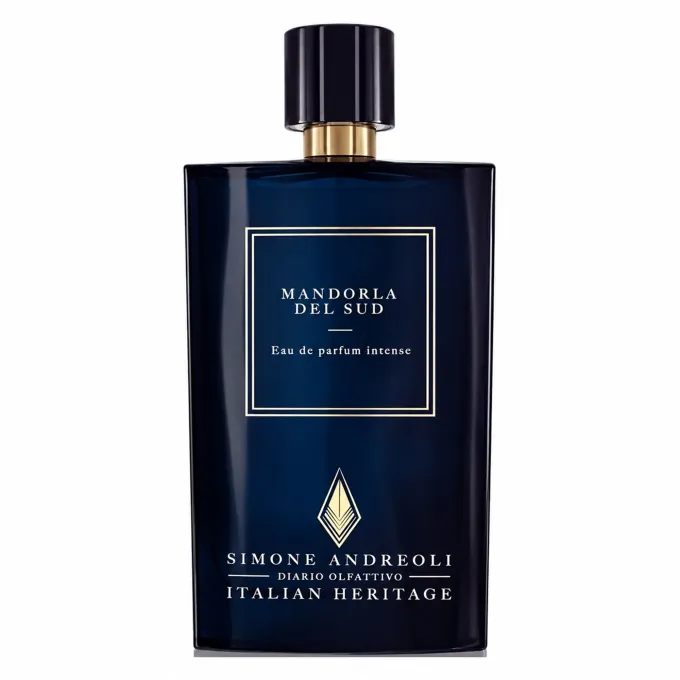 Bottiglia blu scuro con dettagli dorati di Simone Andreoli Mandorla del Sud EDP Intense 100 ml