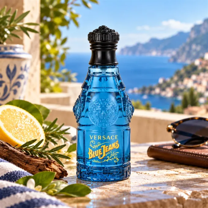 Versace Blue Jeans profumo uomo 75 ml in elegante ambientazione lifestyle