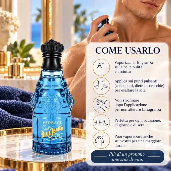 Versace Blue Jeans Eau de Toilette Uomo con consigli per applicare il profumo