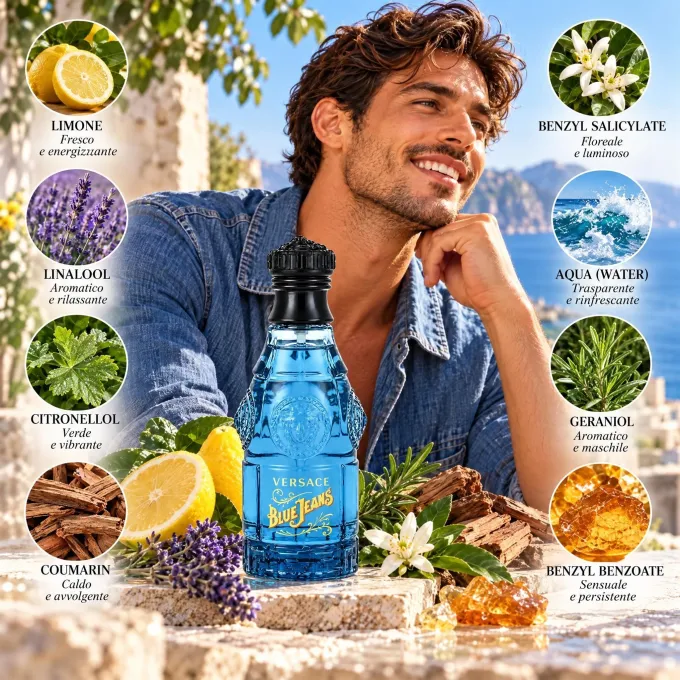 Versace Blue Jeans Uomo 75 ml con rappresentazione degli ingredienti della fragranza
