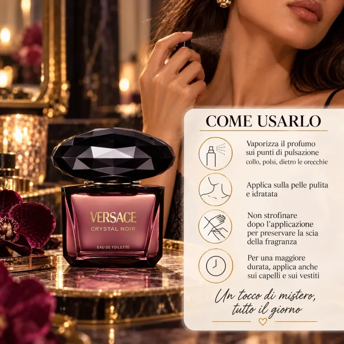 Versace Crystal Noir Eau de Toilette Donna con consigli per applicare il profumo