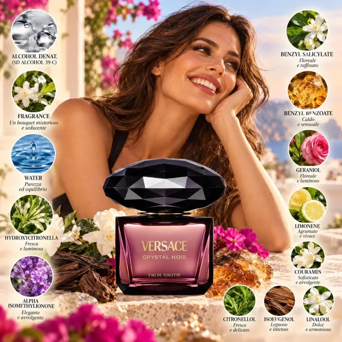 Versace Crystal Noir Donna 50 ml con rappresentazione degli ingredienti della fragranza