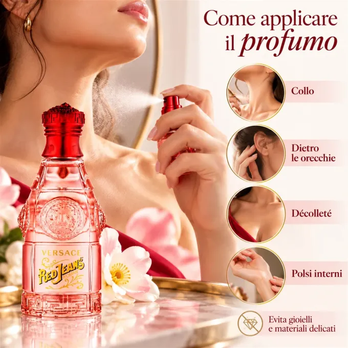 Versace Red Jeans Eau de Toilette Donna con consigli per applicare il profumo