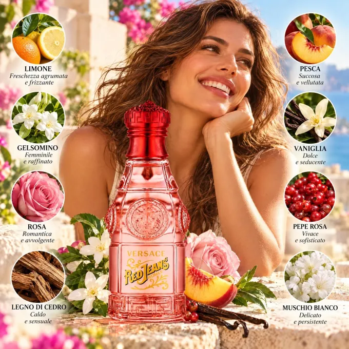 Versace Red Jeans Donna 75 ml con rappresentazione degli ingredienti della fragranza