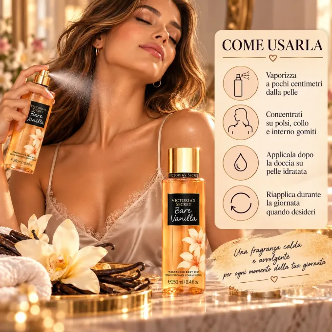 Come usare Victoria&rsquo;s Secret Bare Vanilla Body Mist 250 ml sulla pelle