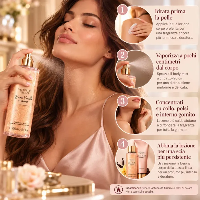 Come usare Victoria&rsquo;s Secret Bare Vanilla Shimmer 250 ml e dove vaporizzare il body mist