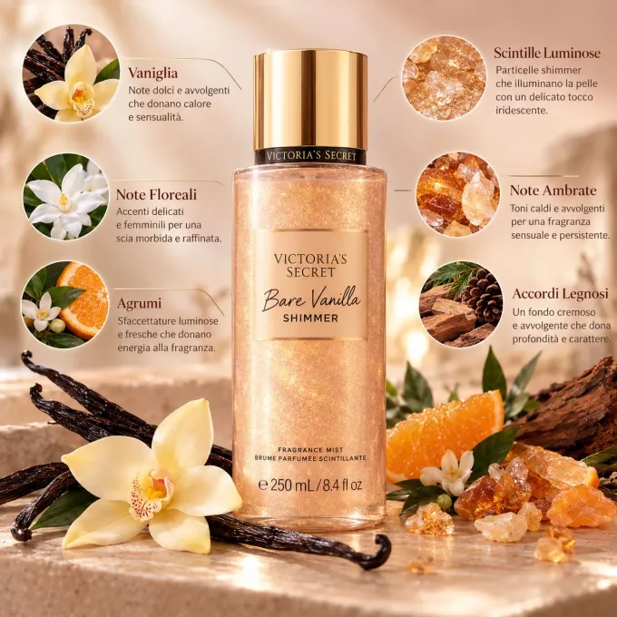 Victoria&rsquo;s Secret Bare Vanilla Shimmer 250 ml composizione della formula e particelle shimmer luminose
