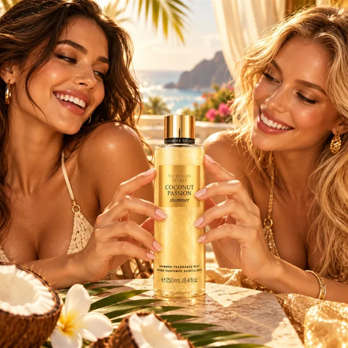 Coconut Passion Shimmer di Victoria's Secret in una composizione beauty dedicata alla luminosit&agrave; della pelle