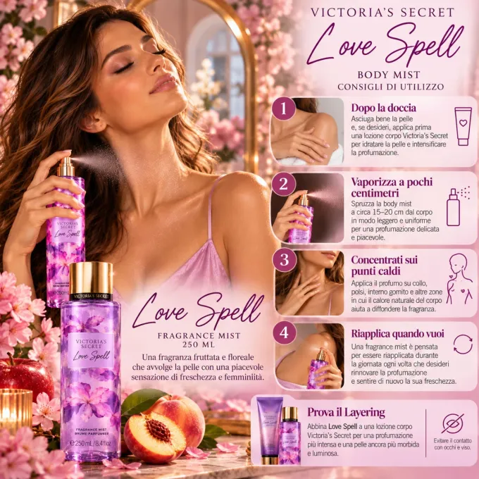 Come usare Victoria&rsquo;s Secret Love Spell 250 ml e dove vaporizzare la body mist