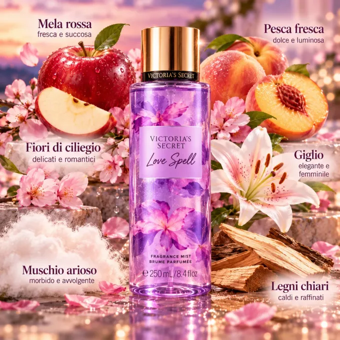 Ingredienti Victoria&rsquo;s Secret Love Spell con mela rossa pesca fiori di ciliegio e giglio