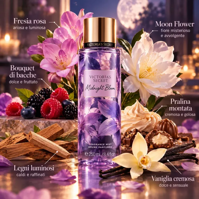 Ingredienti Victoria&rsquo;s Secret Midnight Bloom con fresia bacche pralina vaniglia e legni
