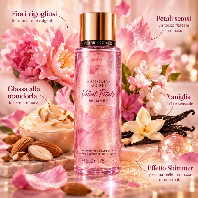 Ingredienti Victoria&rsquo;s Secret Velvet Petals Shimmer con fiori mandorla vaniglia e particelle luminose