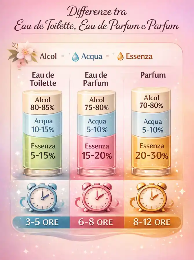 Infografica sulla differenza tra Eau de Toilette, Eau de Parfum e Parfum con confronto delle concentrazioni di essenza (5&ndash;15%, 15&ndash;20%, 20&ndash;30%), percentuali di alcol e acqua e durata della fragranza sulla pelle da 3 fino a 12 ore.